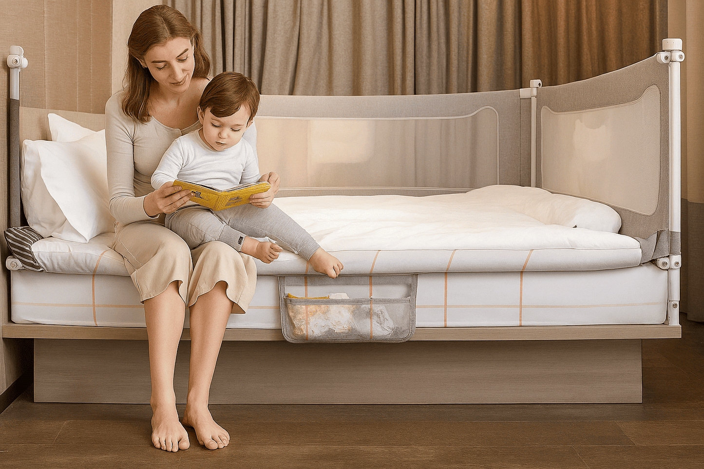 barriere-lit-enfant-respirante-reglable-maman-et-enfant-sur-lit-nid-protege