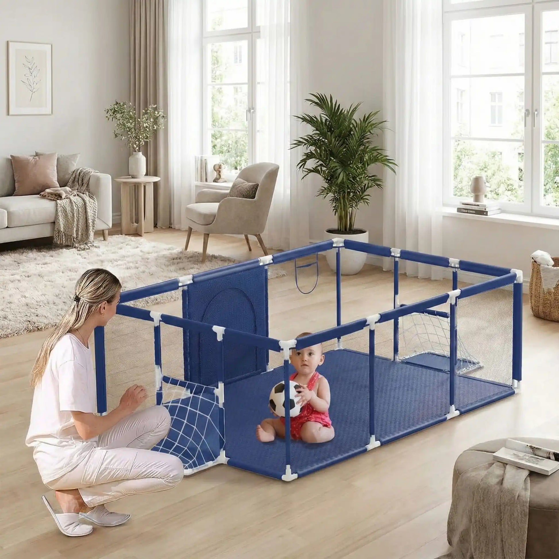 barriere-parc-bebe-modulable-bleu-blanc-filet-soccer-salon-lumineux-calin-serein