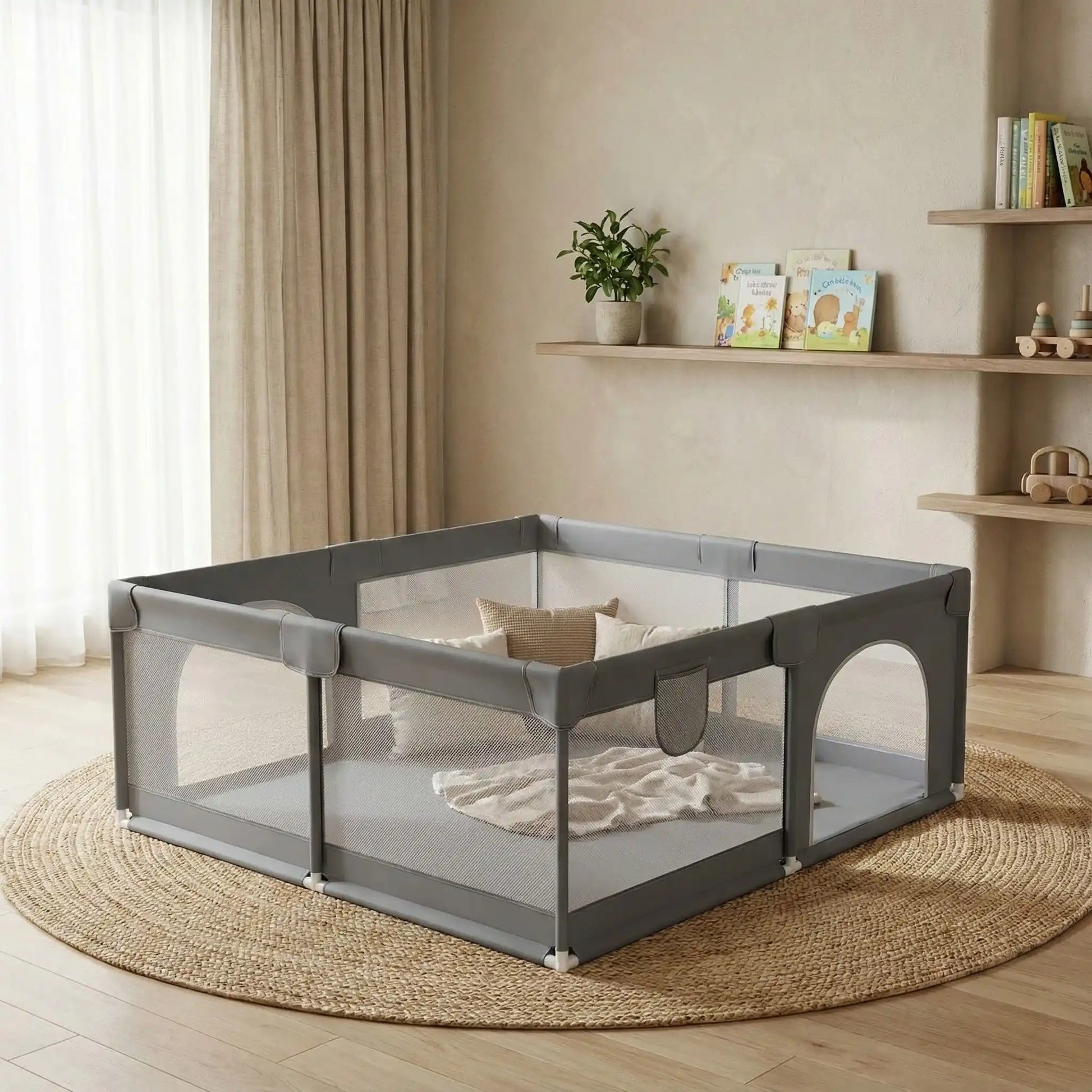 barriere-parc-bebe-modulable-gris-filet-coussin-interieur-nurserie-maison-halo-protecteur