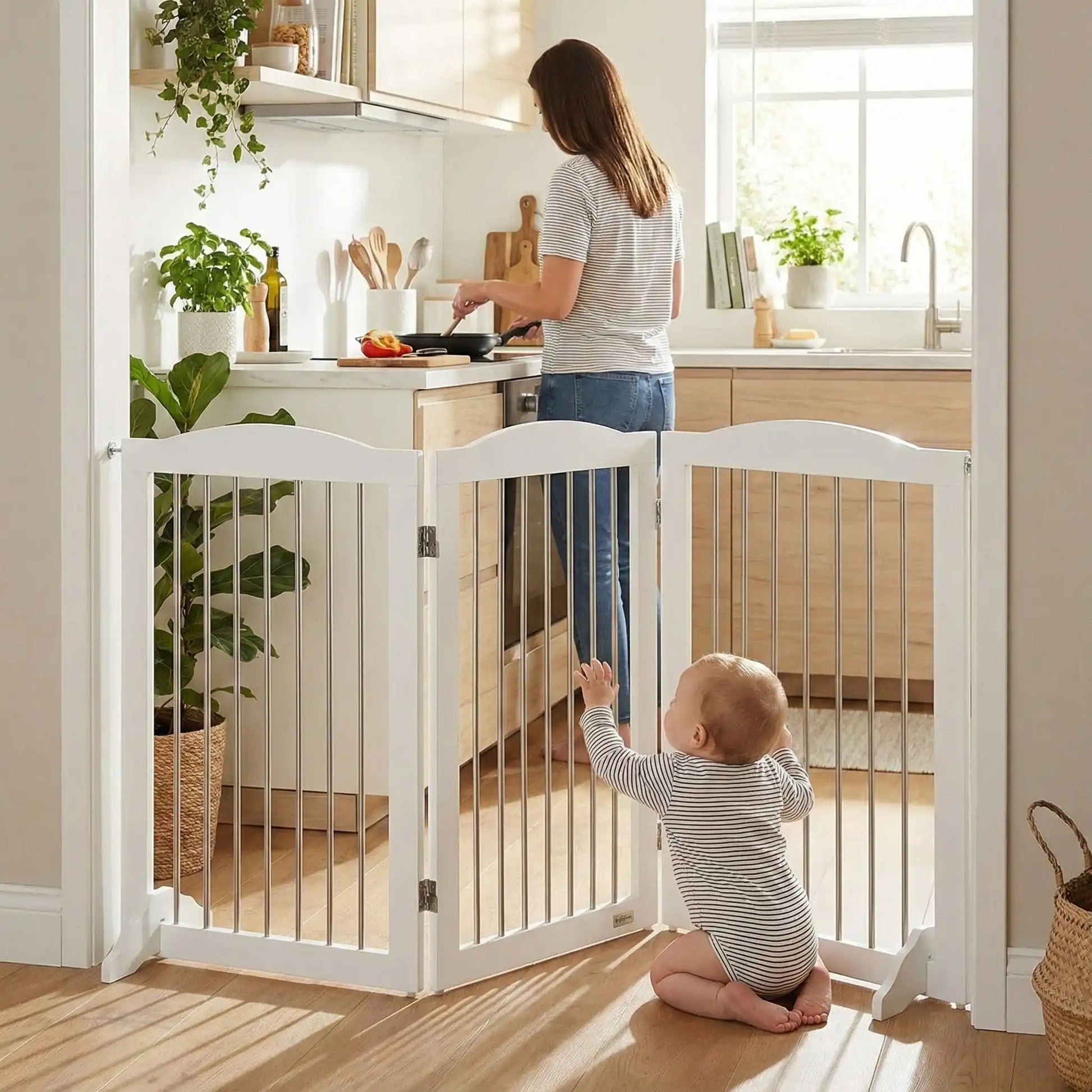 barriere-securite-en-bois-bebe-au-sol-cuisine-parent-derriere-plante-voile-tranquille