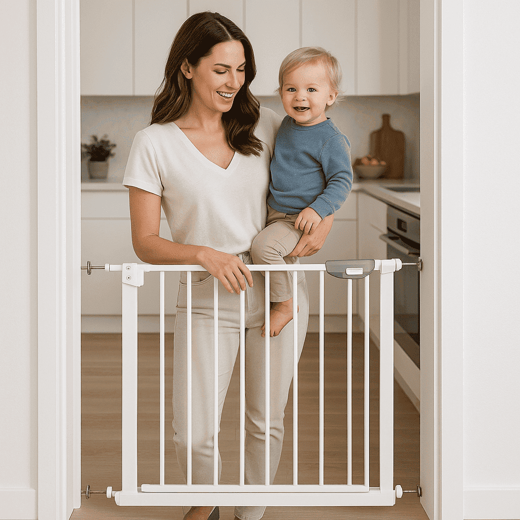 barriere-securite-enfant-couleur-blanche-porte-cuisine-adulte-tenant-bebe-garcon-la-protection