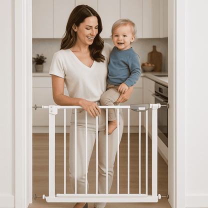 barriere-securite-enfant-couleur-blanche-porte-cuisine-adulte-tenant-bebe-garcon-la-protection