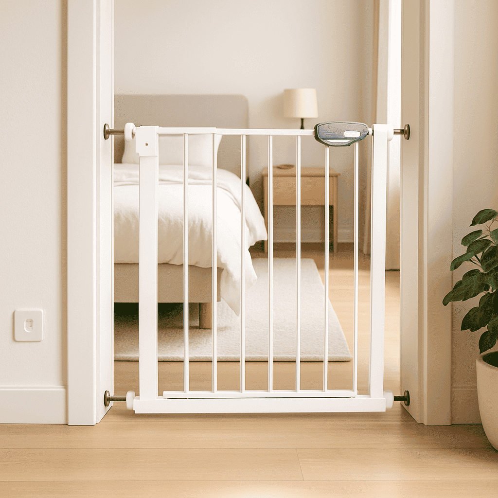 barriere-securite-enfant-devant-porte-de-chambre-avec-lit-la-protection