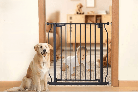 barriere-securite-noire-avec-bebe-et-chien-dans-piece-enfant-securiportail-bebe