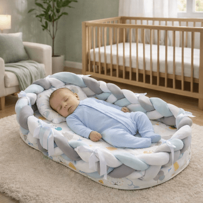 bebe-reducteur-de-lit-bebe-endormi-nid-tresse-nurserie-caresse-de-nuit