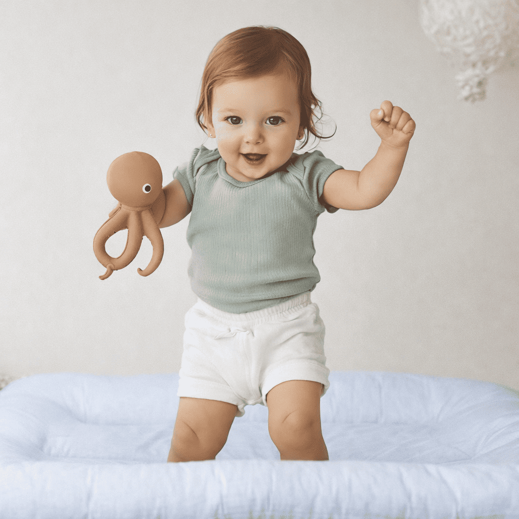 bebe-reducteur-de-lit-enfant-debout-sur-coussin-bleu-peluche-marron-cocon-douillet-nuit