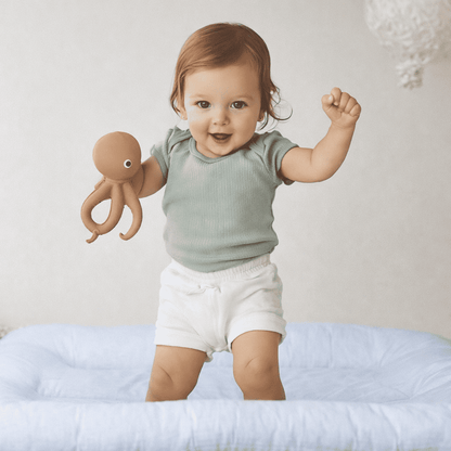 bebe-reducteur-de-lit-enfant-debout-sur-coussin-bleu-peluche-marron-cocon-douillet-nuit