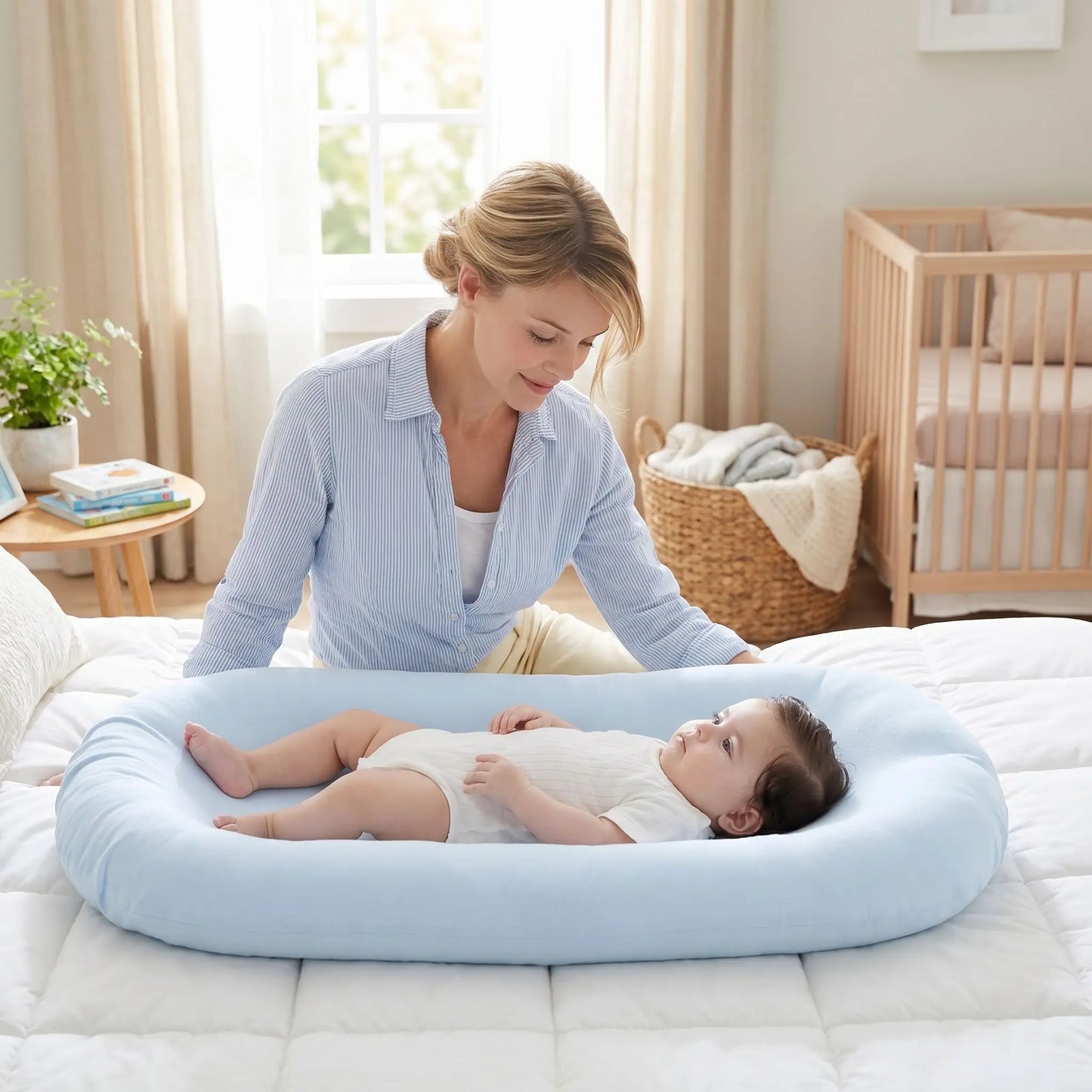 bebe-reducteur-de-lit-nouveau-ne-allonge-dans-nid-bleu-chambre-claire-cocon-douillet-nuit