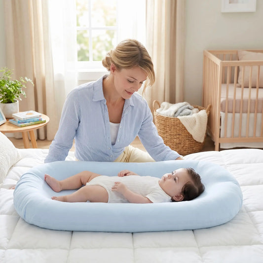 bebe-reducteur-de-lit-nouveau-ne-allonge-dans-nid-bleu-chambre-claire-cocon-douillet-nuit