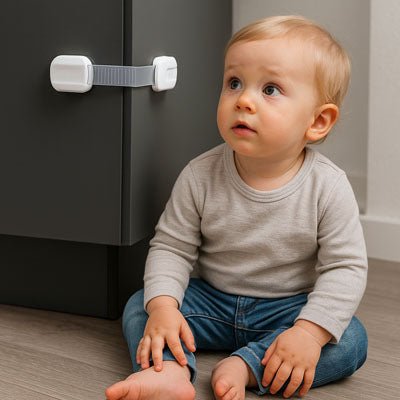 bloque-porte-bebe-assis-sol-gris-face-armoire-securisee-verrou-blanc-protection-enfant-regard-curieux-bebe-secur