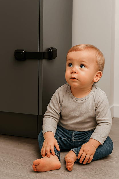 bloque-porte-enfant-assis-face-de-l'armoire-armoire-securise-par-un-loquet-en-plastique-noir-noire