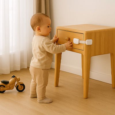 bloque-porte-enfant-curieux-devant-table-en-bois-avec-loquet-de-securite-sur-tiroir-bebe-secur