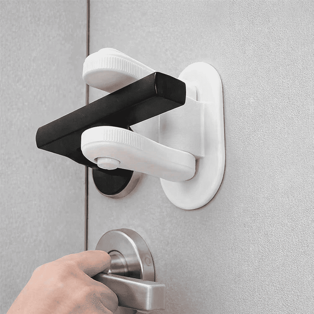bloque-porte-loquet-blanc-sur-poignee-argentee-main-actionne-cale-porte-angelin