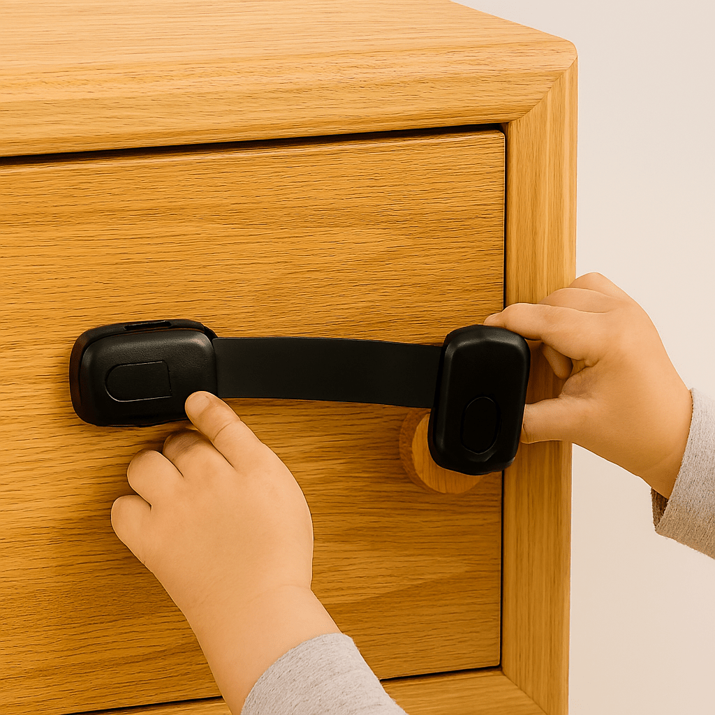 bloque-porte-main-de-bebe-sur-une-armoire-en-bois-securise-par-un-loquet-en-plastique-noir-noire