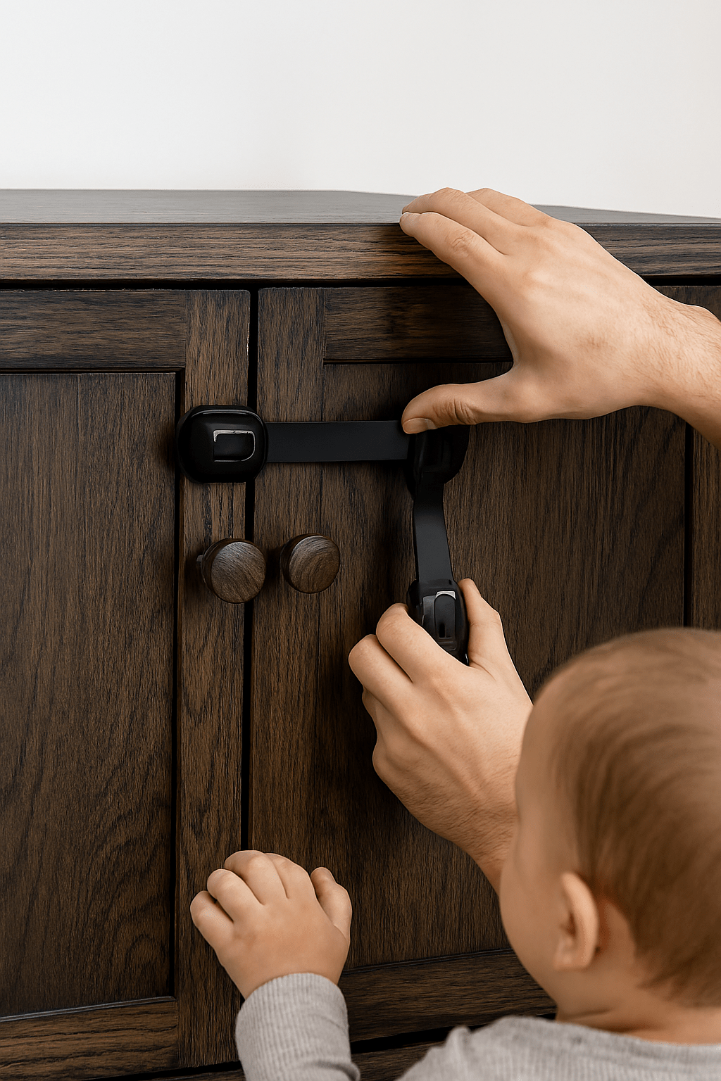 bloque-porte-main-de-parent-plaçant-un-loquet-en-plastique-noir-sur-une-armoire-noire