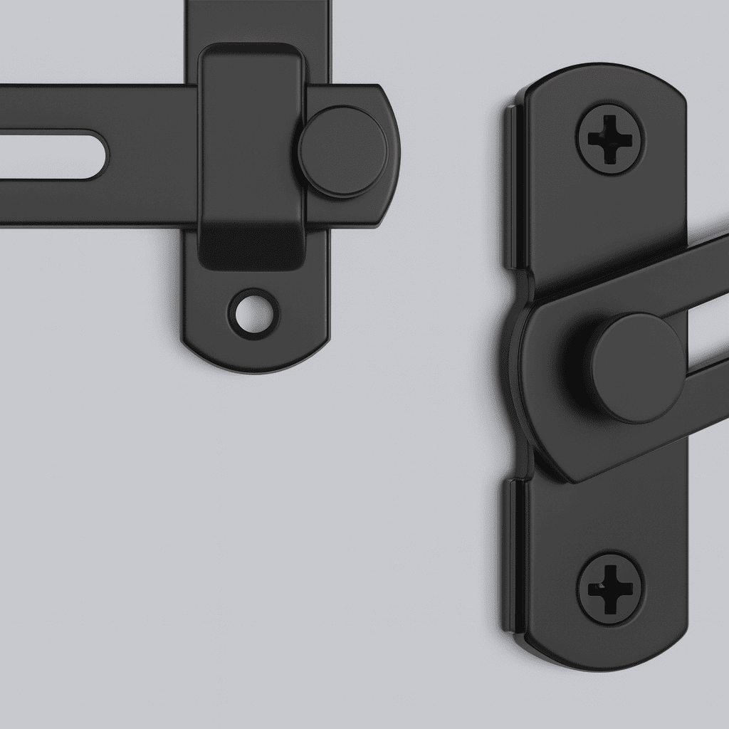 bloque-porte-verrou-metal-noir-sur-support-clair-pour-armoire-tranquillite-enfant