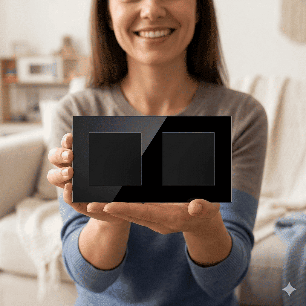cache-prise-bebe-personne-tenant-panneau-noir-avec-deux-carres-cocon-electrique
