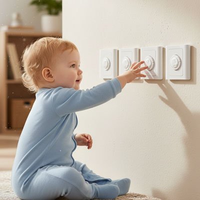 cache-prise-pour-bebe-enfant-assis-touche-protection-mur-blanc-securite-maison-veille-maison