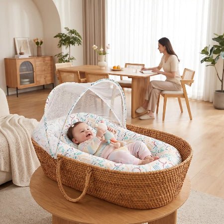 couffin-reducteur-de-lit-bebe-souriant-panier-osier-maman-salon-ruisseau-tranquille