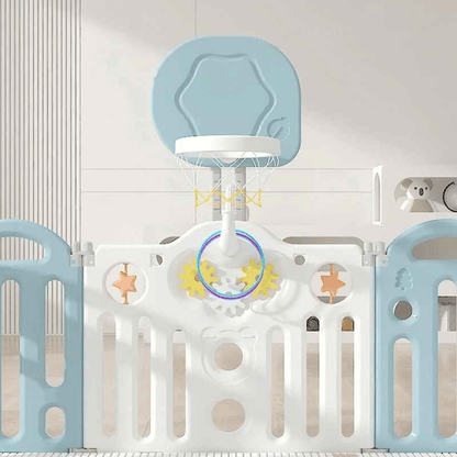 parc-barriere-bebe-activites-basket-etoiles-roues-colorees-panneaux-blancs-bleus-tendre-mur