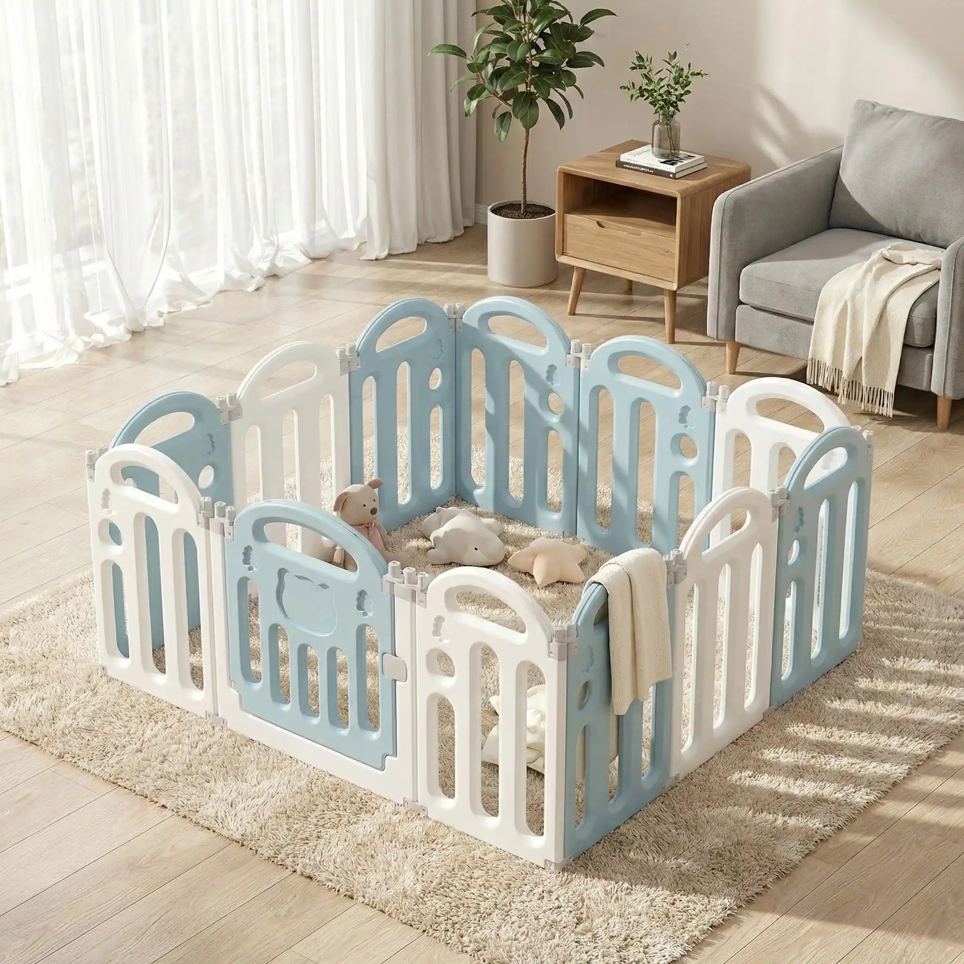 parc-barriere-bebe-panneaux-plastique-blanc-bleu-jouets-peluche-tapis-tendre-mur