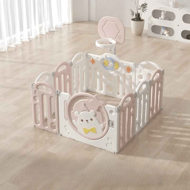 parc-barriere-bebe-panneaux-roses-blancs-ours-panier-basket-tendre-mur