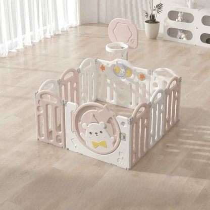 parc-barriere-bebe-panneaux-roses-blancs-ours-panier-basket-tendre-mur