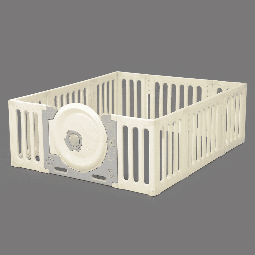 parc-barriere-bebe-plastique-blanc-gris-porte-rond-securite-enfant-protecteur-mignon