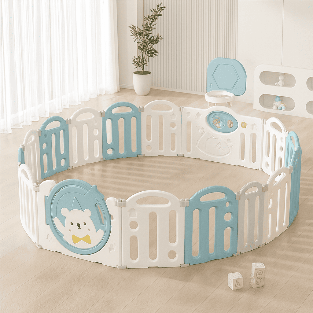 parc-barriere-bebe-rond-plastique-blanc-bleu-illustration-etoile-ours-jeu-interieur-lumineux-bebe-serein