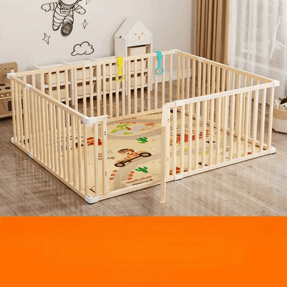 parc-barriere-bebe-structure-bois-tapis-colore-acces-ouvert-jouets-suspendus-plume-protectrice