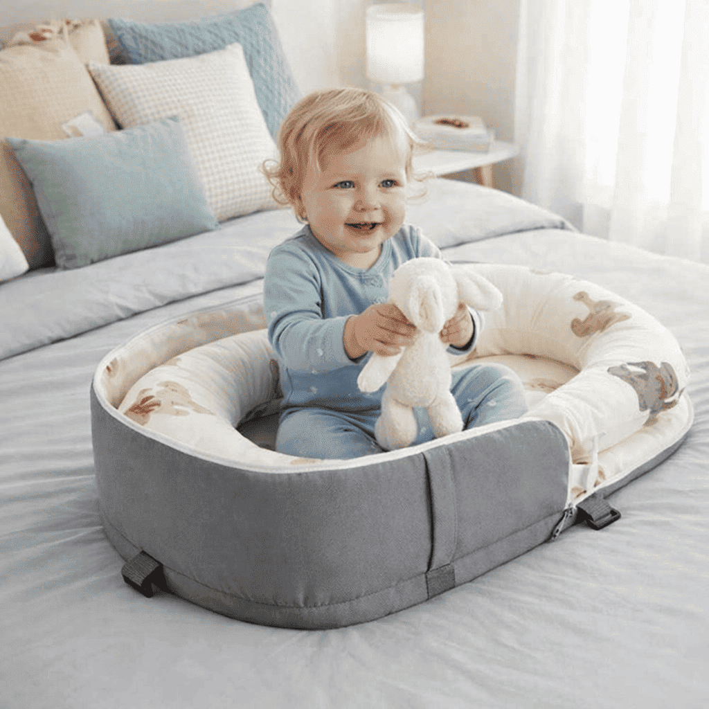 reducteur-de-lit-6-12-mois-bebe-assis-gris-jouet-blanc-confort-douillet-cocon-de-reve