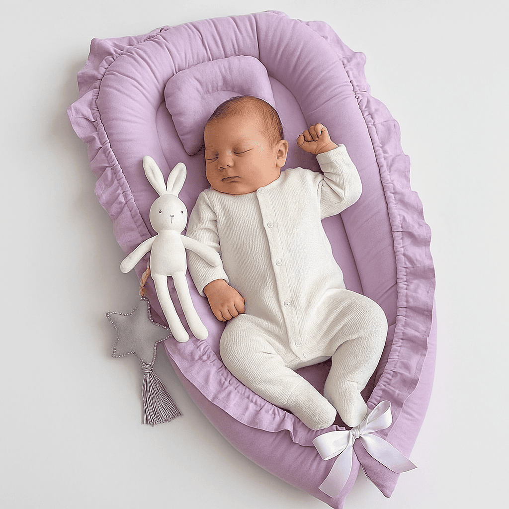 reducteur-de-lit-bebe-avec-bebe-qui-dort-couleur-violet-clair-calmenid