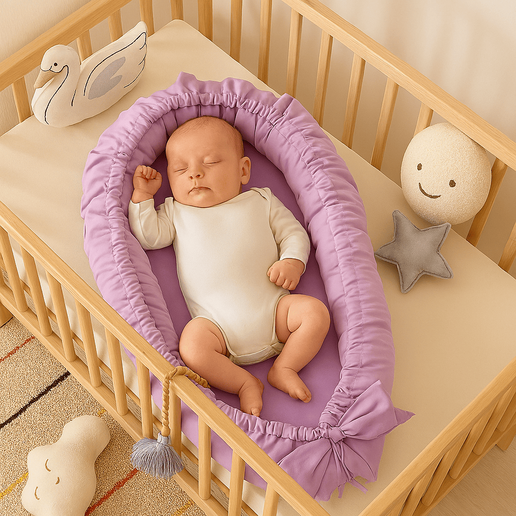 reducteur-de-lit-bebe-avec-bebe-serein-dedans-couleur-lavande-calmenid