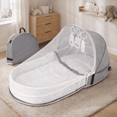 reducteur-de-lit-bebe-berceau-nomade-gris-moustiquaire-douce-nursery-songe-protecteur