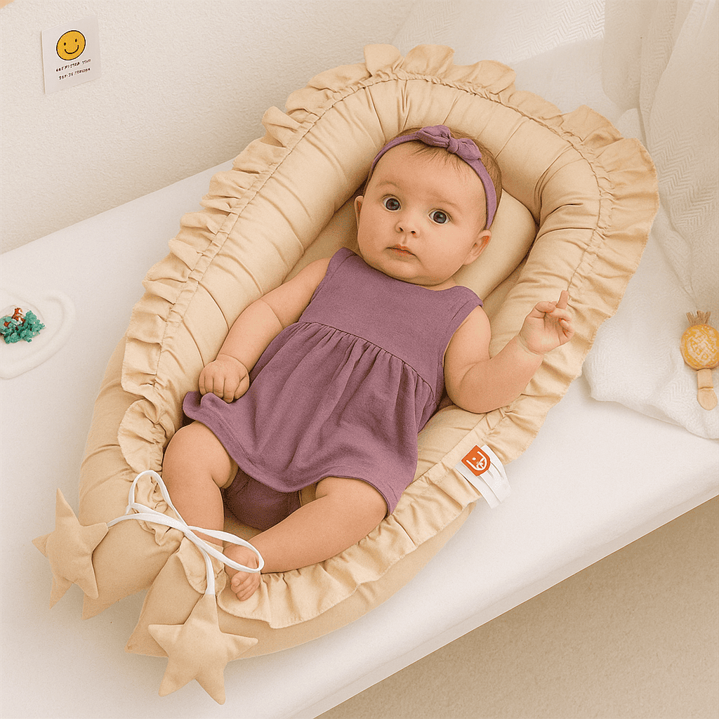 reducteur-de-lit-bebe-couleur-beige-bebe-fille-en-violet-couche-et-oreille-calinid