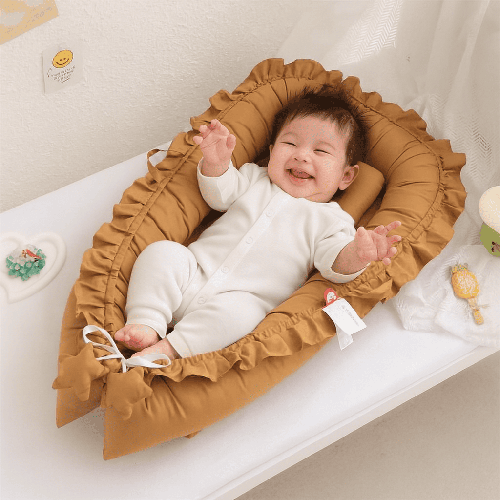 reducteur-de-lit-bebe-couleur-canelle-bebe-souriant-couche-dedans-avec-oreille-nidoullet