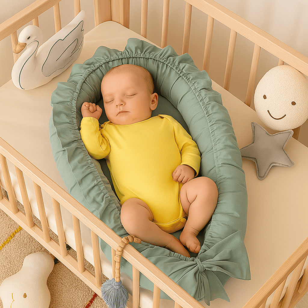 reducteur-de-lit-bebe-couleur-verte-avec-bebe-habille-en-jaune-couche-et-oreille-calinid