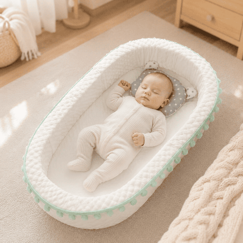 reducteur-de-lit-bebe-endormi-blanc-bordure-menthe-nurserie-douceur-Nid-apaisant