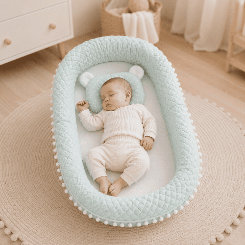 reducteur-de-lit-bebe-endormi-coussin-bleu-confort-nursery-tapis-rond-Nid-apaisant