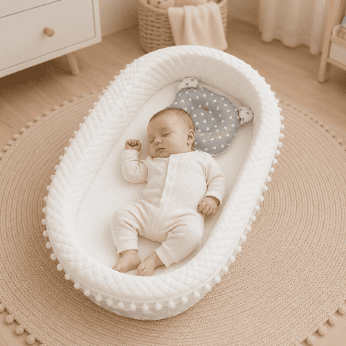 reducteur-de-lit-bebe-endormi-coussin-ovale-blanc-nurserie-douceur-Nid-apaisant