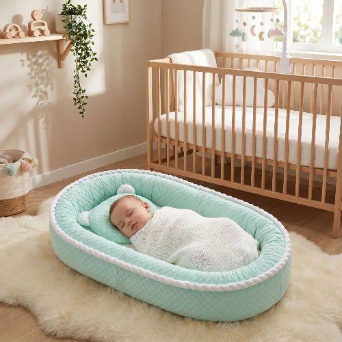 reducteur-de-lit-bebe-endormi-coussin-vert-douillet-nursery-confort-apaisant-Nid-apaisant