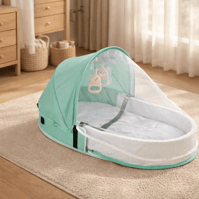 reducteur-de-lit-bebe-nid-vert-canopy-maille-jouets-suspendus-chambre-lumineuse-songe-protecteur
