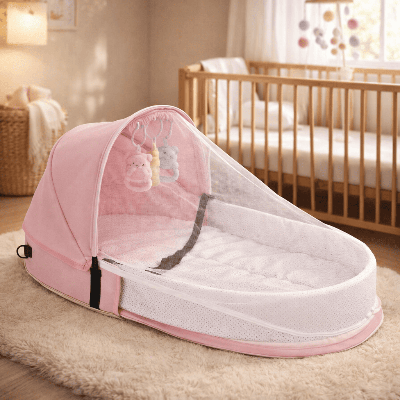 reducteur-de-lit-bebe-rose-canopy-filet-jouets-suspendus-douceur-chambre-songe-protecteur