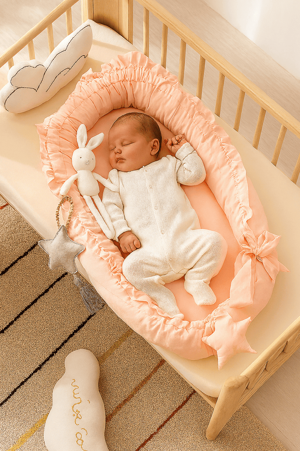 reducteur-de-lit-bebe-serein-couleur-rose-pale-avec-bebe-endormi-calmenid