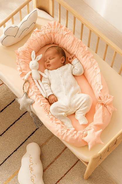 reducteur-de-lit-bebe-serein-couleur-rose-pale-avec-bebe-endormi-calmenid
