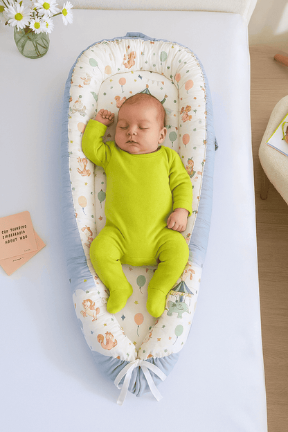reducteur-de-lit-bleu-ciel-fond-blanc-avec-dessin-animaux-avec-bebe-serein-cosynid