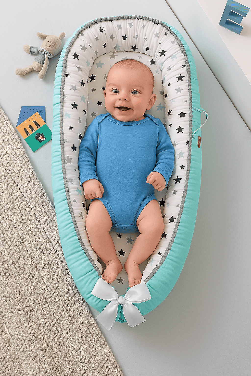 reducteur-de-lit-bleu-fond-blanc-motif-etoiles-bebe-en-bleu-dedans-doudinid
