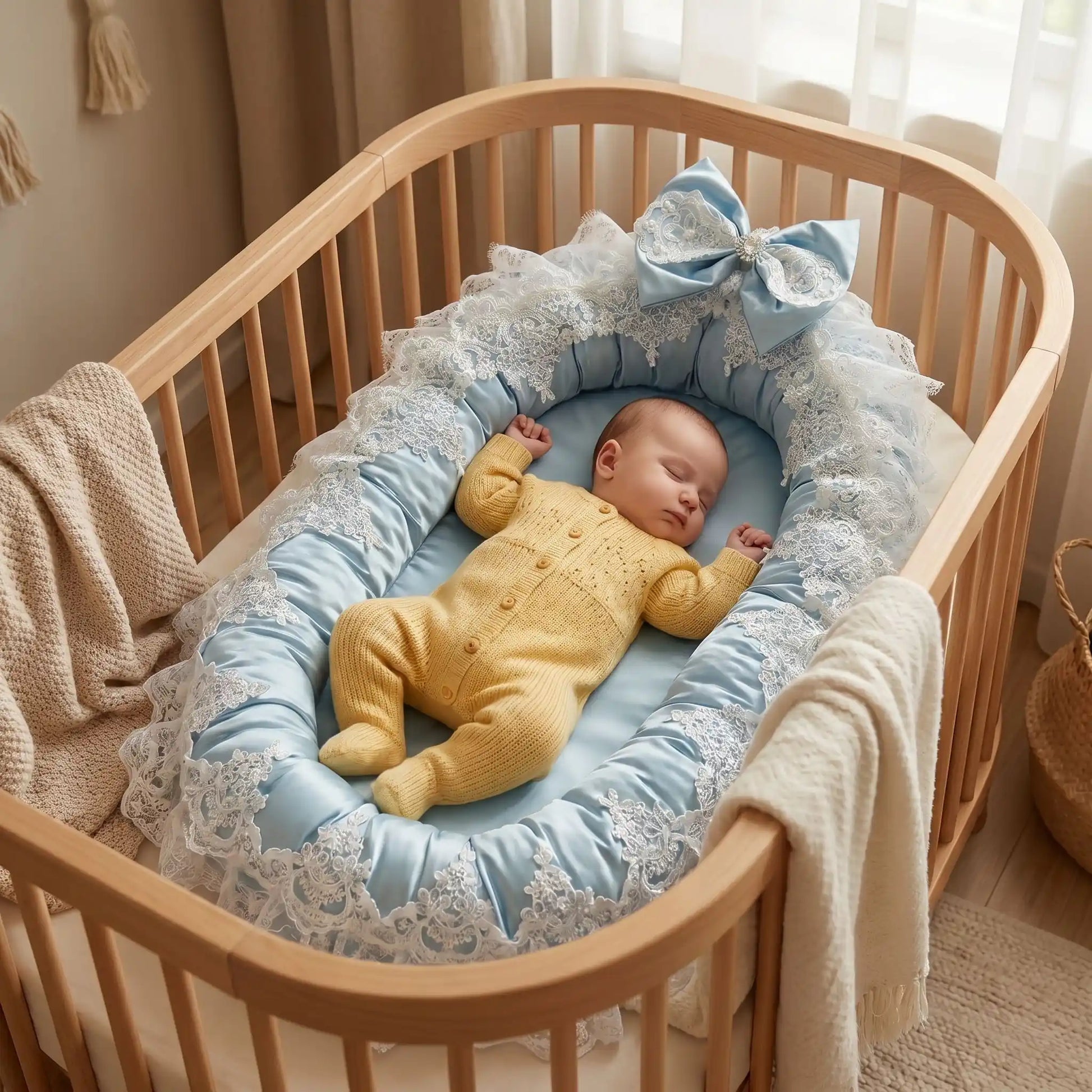 reducteur-de-lit-evolutif-bebe-endormi-nid-satin-bleu-dentelle-cocon-luxueux-nuit