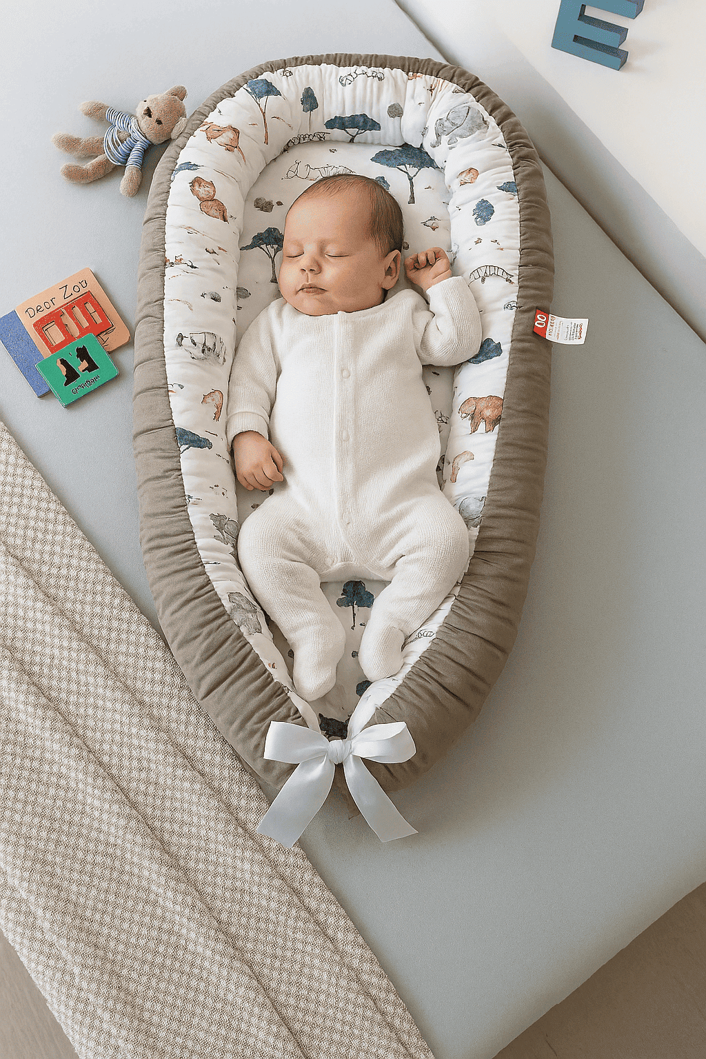 reducteur-de-lit-gris-fond-blanc-avec-dessin-des-arbres-avec-bebe-endormit-cosynid