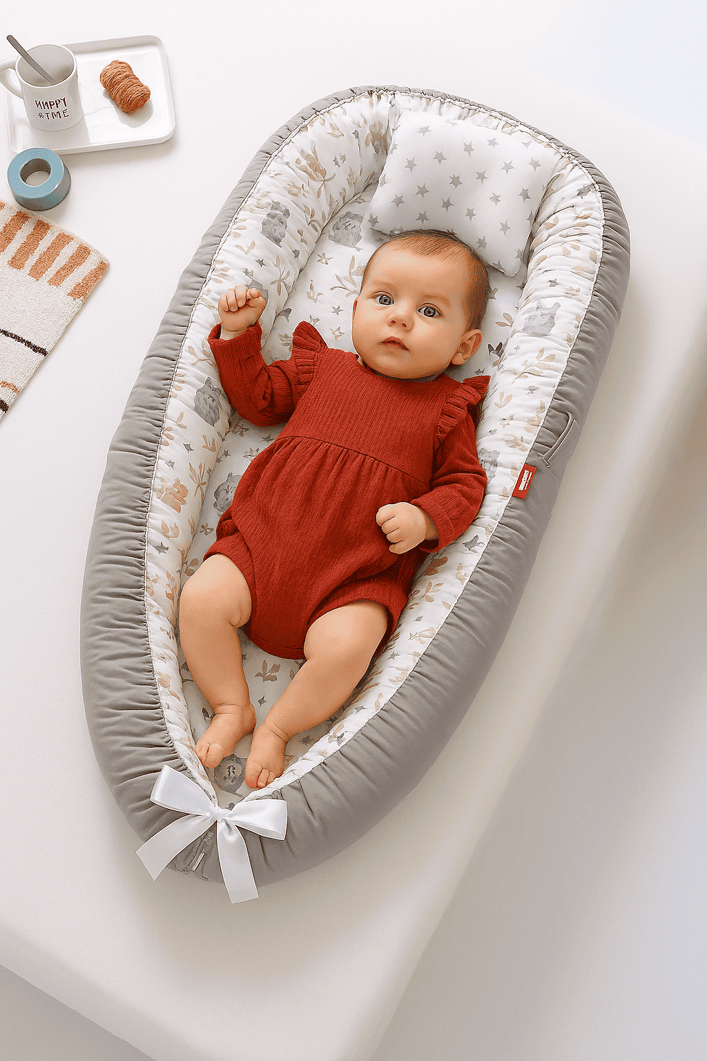 reducteur-de-lit-gris-fond-blanc-bebe-fille-eveillee-dedans-NidCoton